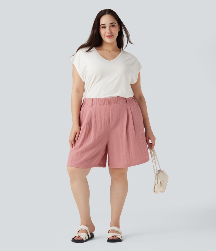High Waisted Linen-Feel Casual Plus Size Bermuda Shorts with Pockets