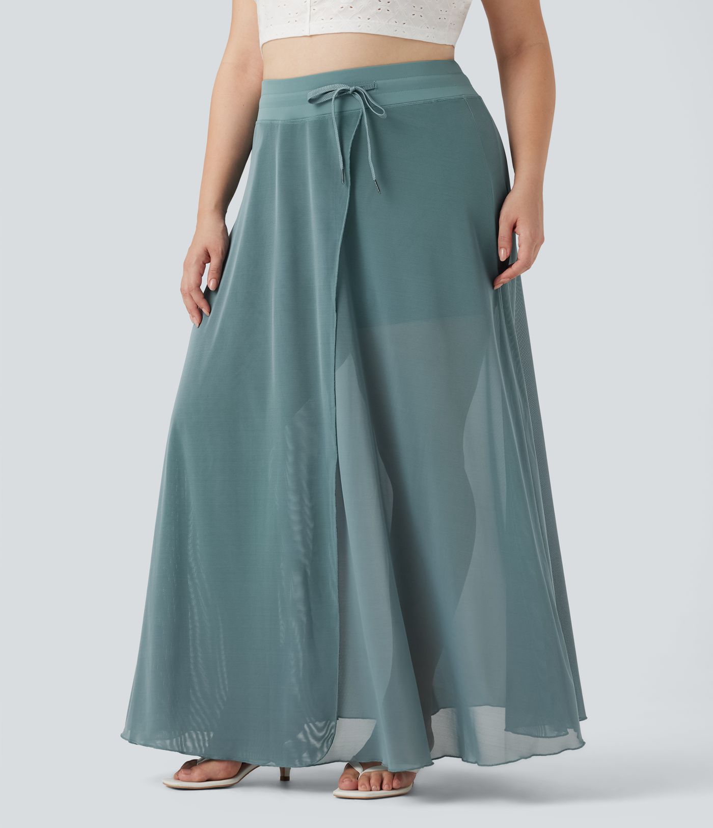 Übergrößen-Taillenhose mit Kordelzug, Kontrast-Mesh, 2-in-1 weiter Maxirock mit Taschen