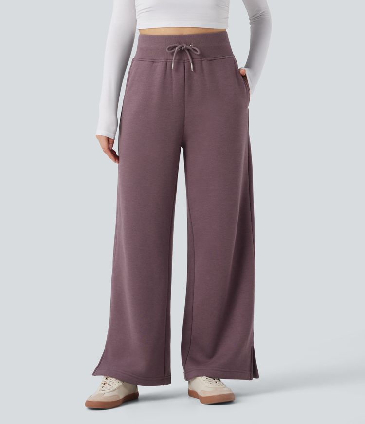 High Waisted Drawstring Split Hem Wide Leg Casual Fleece Pants with Pockets