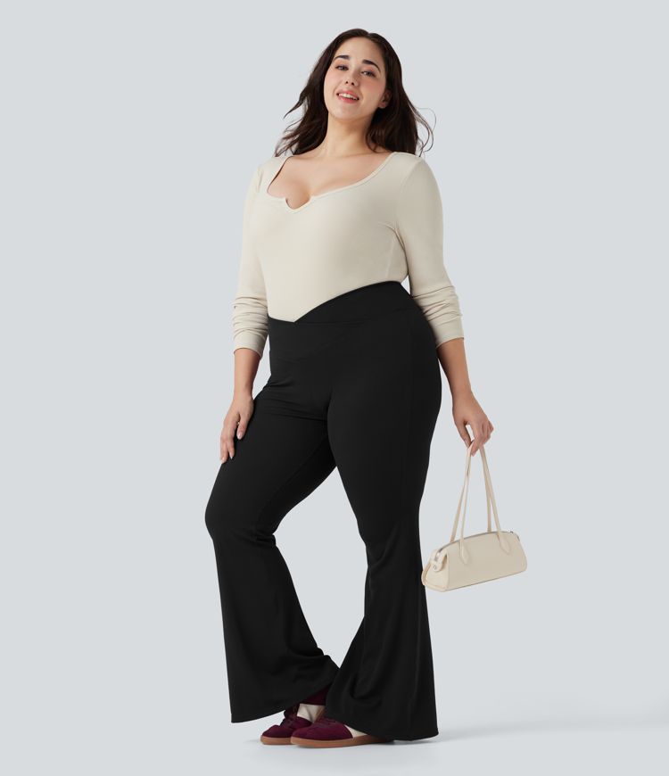 Plius dydžio kryžminės aukšto juosmens vaflių laisvalaikio platėjančios kelnės su kišene