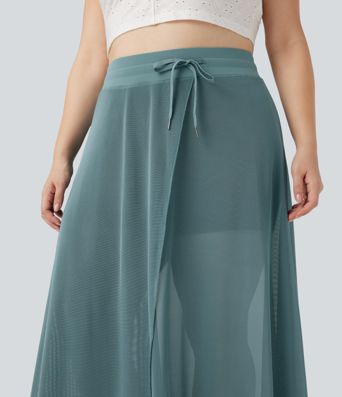 Übergrößen-Taillenhose mit Kordelzug, Kontrast-Mesh, 2-in-1 weiter Maxirock mit Taschen