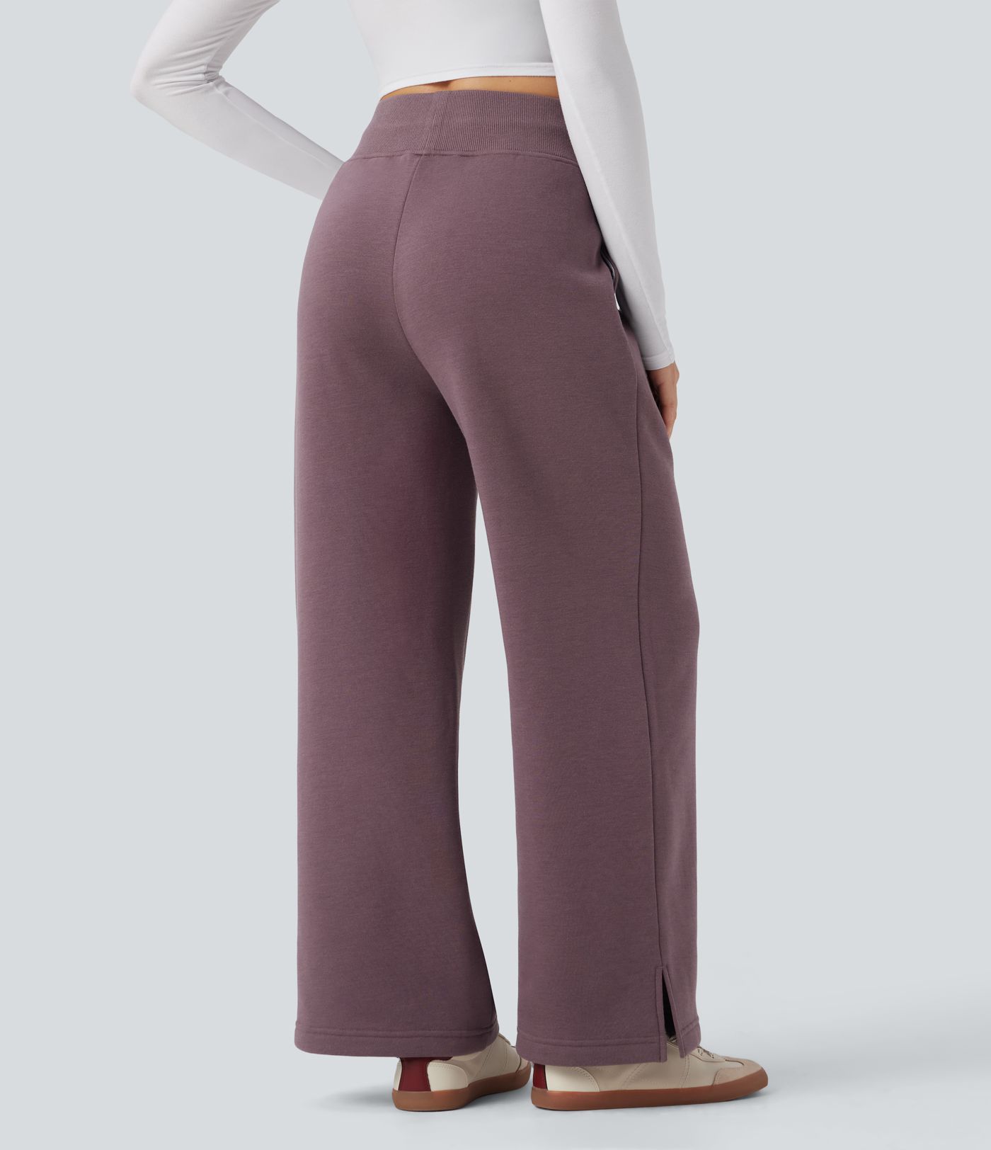 Pantalon jogging décontracté polaire taille haute jambe large avec cordon de serrage ourlet fendu et poches