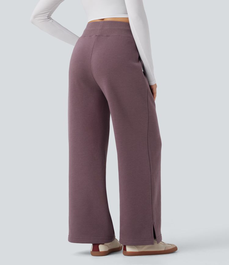 High Waisted Drawstring Split Hem Wide Leg Casual Fleece Pants with Pockets