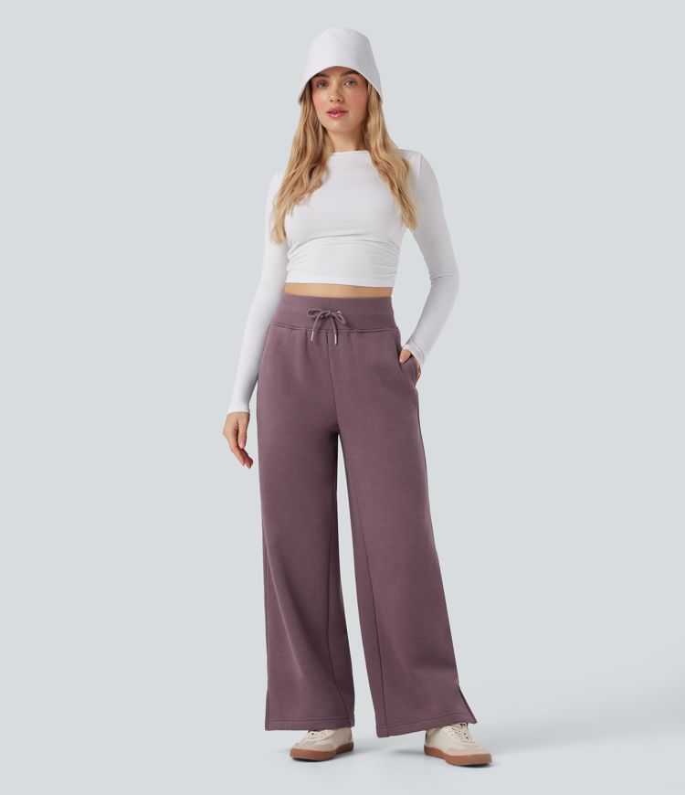 High Waisted Drawstring Split Hem Wide Leg Casual Fleece Pants with Pockets