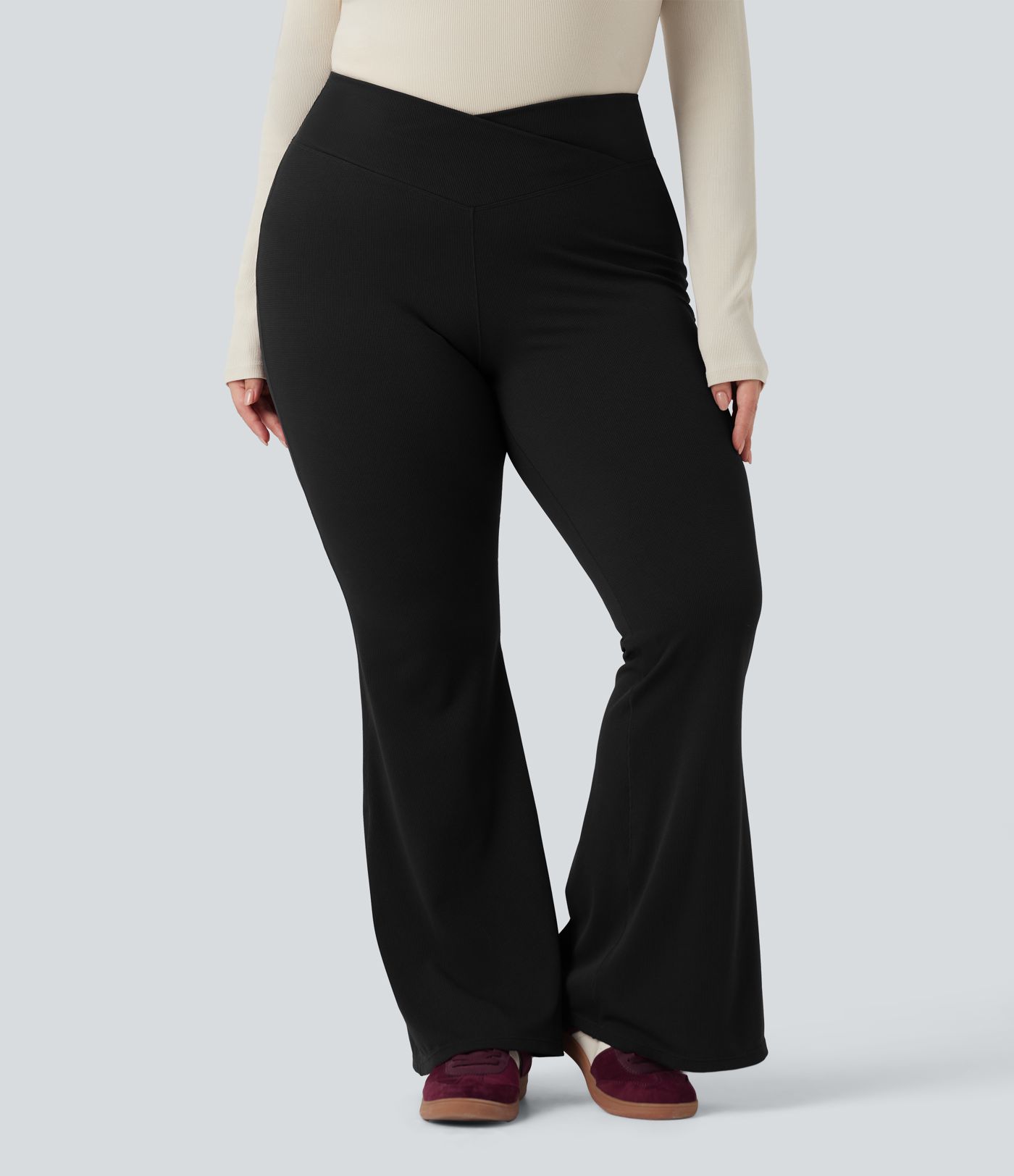 Plus Size Crossover High Waisted Waffle Casual Flare Pants with Pocket Plus Size Crossover High Waisted Waffle Casual Flare Pants with Pocket