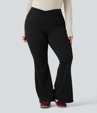 Plus Size Crossover High Waisted Waffle Casual Flare Pants with Pocket Plus Size Crossover High Waisted Waffle Casual Flare Pants with Pocket
