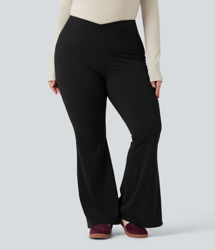 Plus Size Crossover High Waisted Waffle Casual Flare Pants with Pocket Plus Size Crossover High Waisted Waffle Casual Flare Pants with Pocket