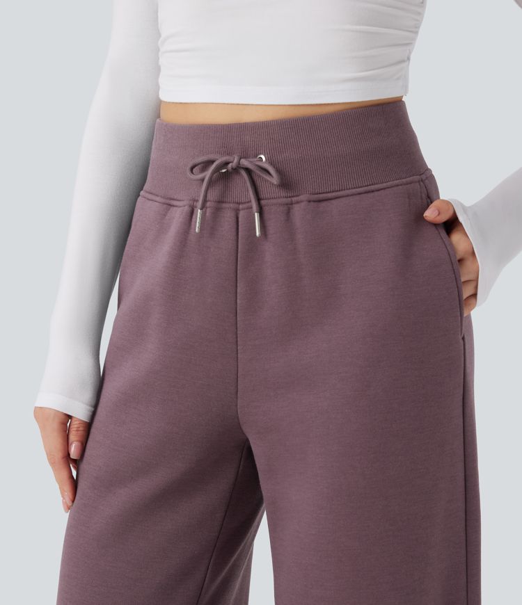 High Waisted Drawstring Split Hem Wide Leg Casual Fleece Pants with Pockets