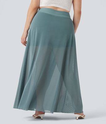 Übergrößen-Taillenhose mit Kordelzug, Kontrast-Mesh, 2-in-1 weiter Maxirock mit Taschen