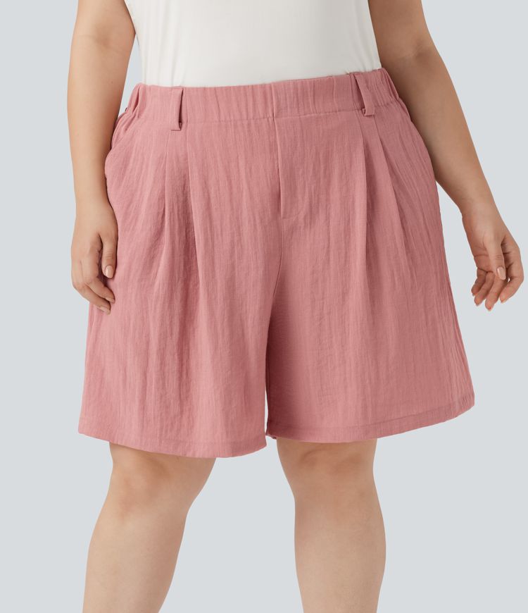 High Waisted Linen-Feel Casual Plus Size Bermuda Shorts with Pockets