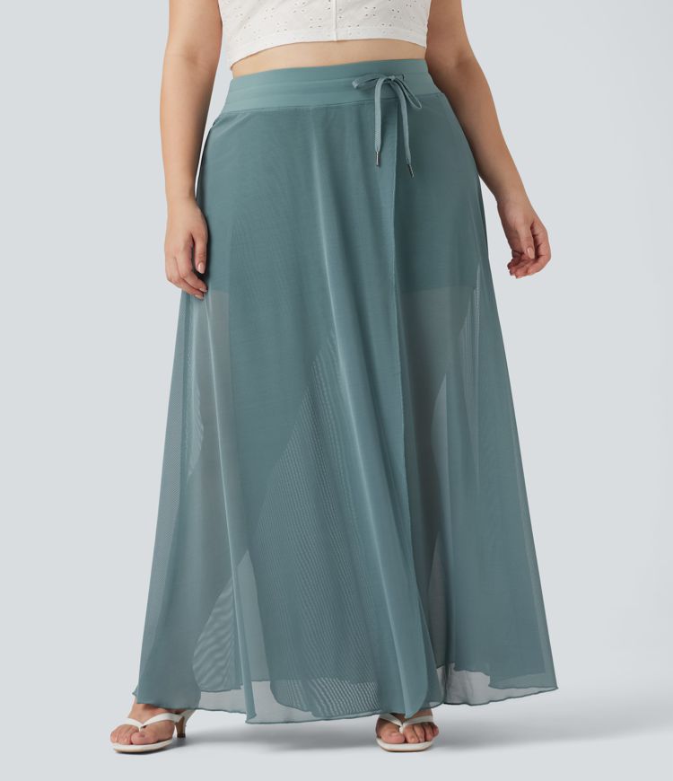 Jupe longue fluide grande taille 2-en-1 mesh contrastant taille haute avec cordon de serrage et poches