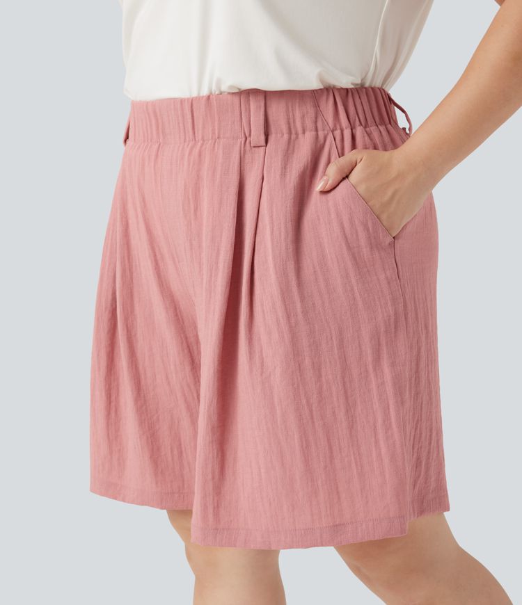 High Waisted Linen-Feel Casual Plus Size Bermuda Shorts with Pockets