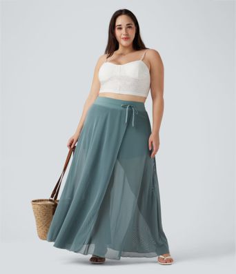 Übergrößen-Taillenhose mit Kordelzug, Kontrast-Mesh, 2-in-1 weiter Maxirock mit Taschen