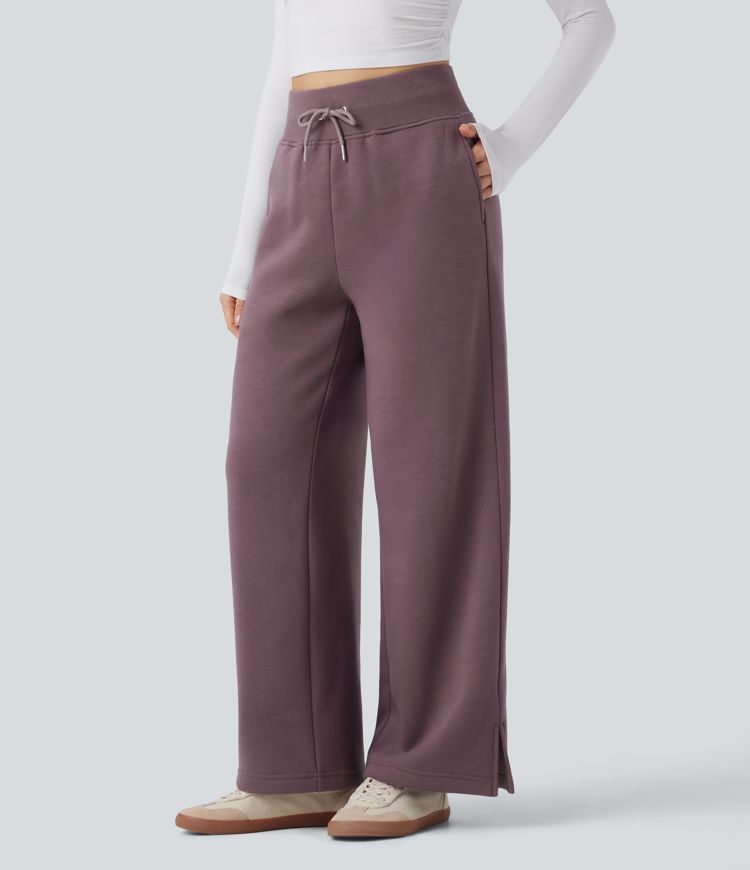 High Waisted Drawstring Split Hem Wide Leg Casual Fleece Pants with Pockets