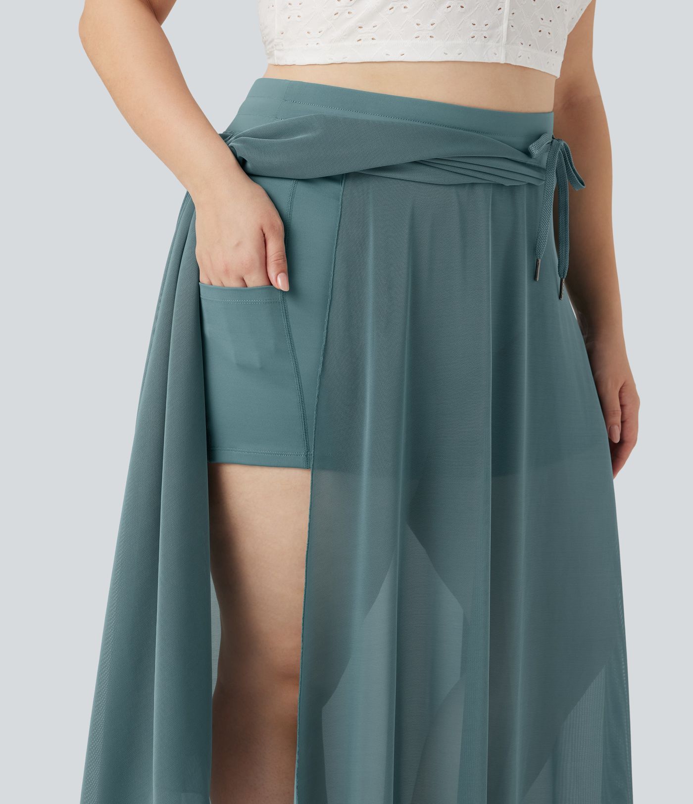 Übergrößen-Taillenhose mit Kordelzug, Kontrast-Mesh, 2-in-1 weiter Maxirock mit Taschen