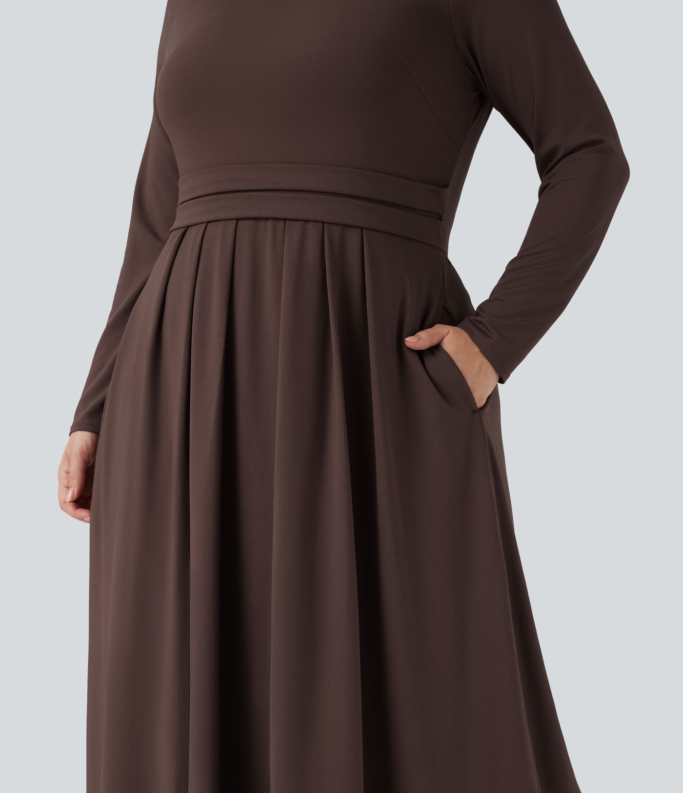 Mock-neck langærmet flæse maxi kjole i afslappet plus-size med lommer