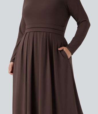 Mock-neck langærmet flæse maxi kjole i afslappet plus-size med lommer
