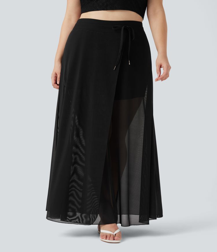 Schwarz Fließender 2-in-1 Maxirock mit hohem Bund, Seitentaschen, Kordelzug und kontrastierendem Netzstoff - Plus-Size / 1
