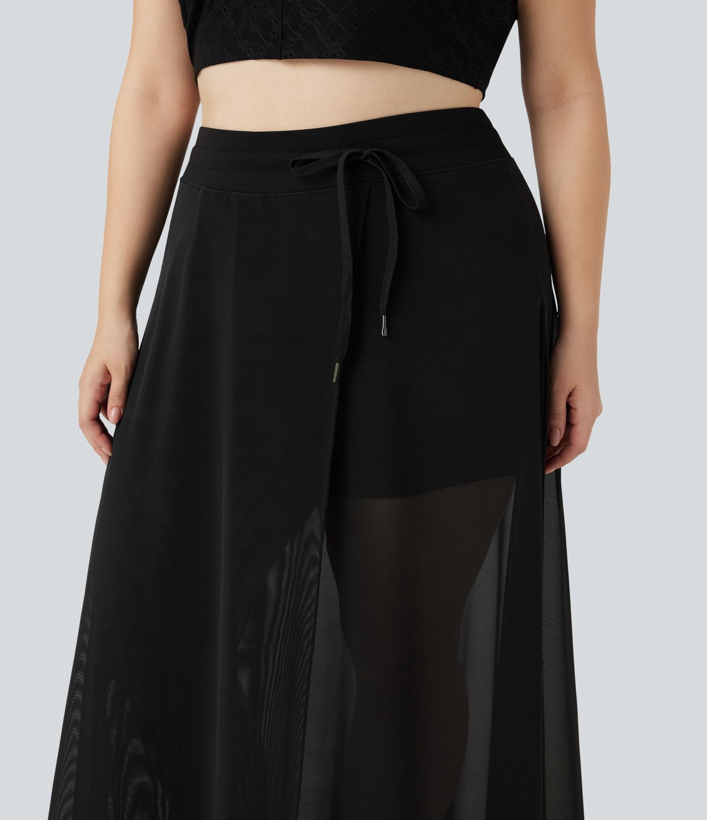 Plus Size High Waisted Drawstring Contrast Mesh 2-in-1 Flowy Maxi Skirt with Pockets