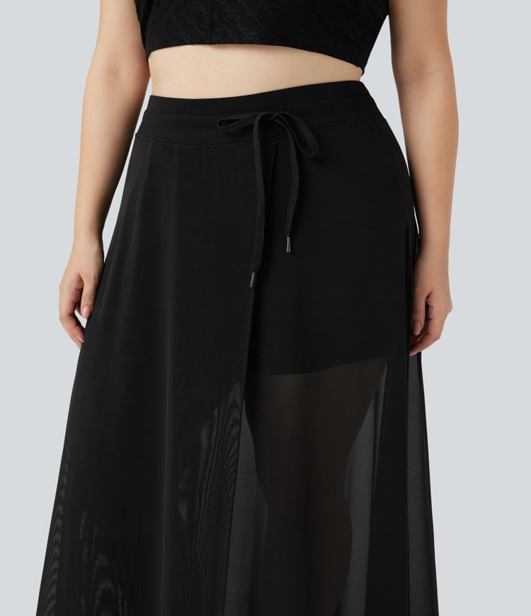 Plus Size High Waisted Drawstring Contrast Mesh 2-in-1 Flowy Maxi Skirt with Pockets