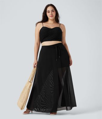 Plus Size High Waisted Drawstring Contrast Mesh 2-in-1 Flowy Maxi Skirt with Pockets