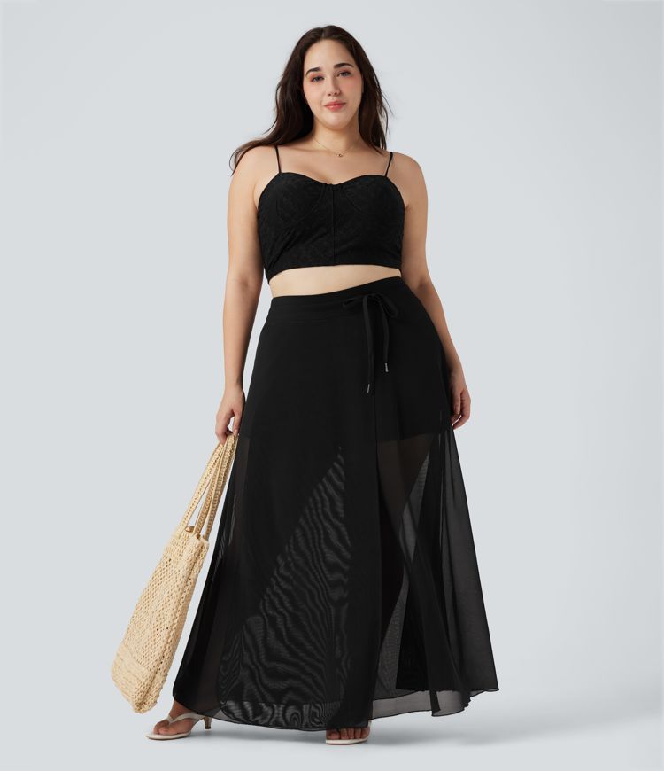 Plus Size High Waisted Drawstring Contrast Mesh 2-in-1 Flowy Maxi Skirt with Pockets