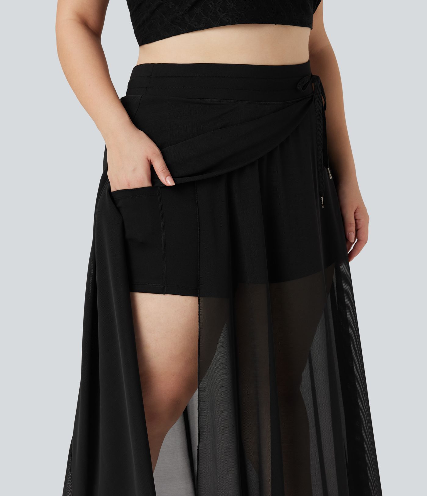 Plus Size High Waisted Drawstring Contrast Mesh 2-in-1 Flowy Maxi Skirt with Pockets