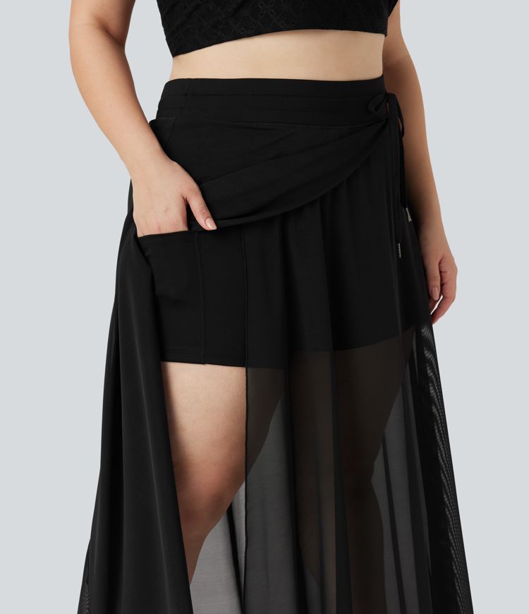 Plus Size High Waisted Drawstring Contrast Mesh 2-in-1 Flowy Maxi Skirt with Pockets