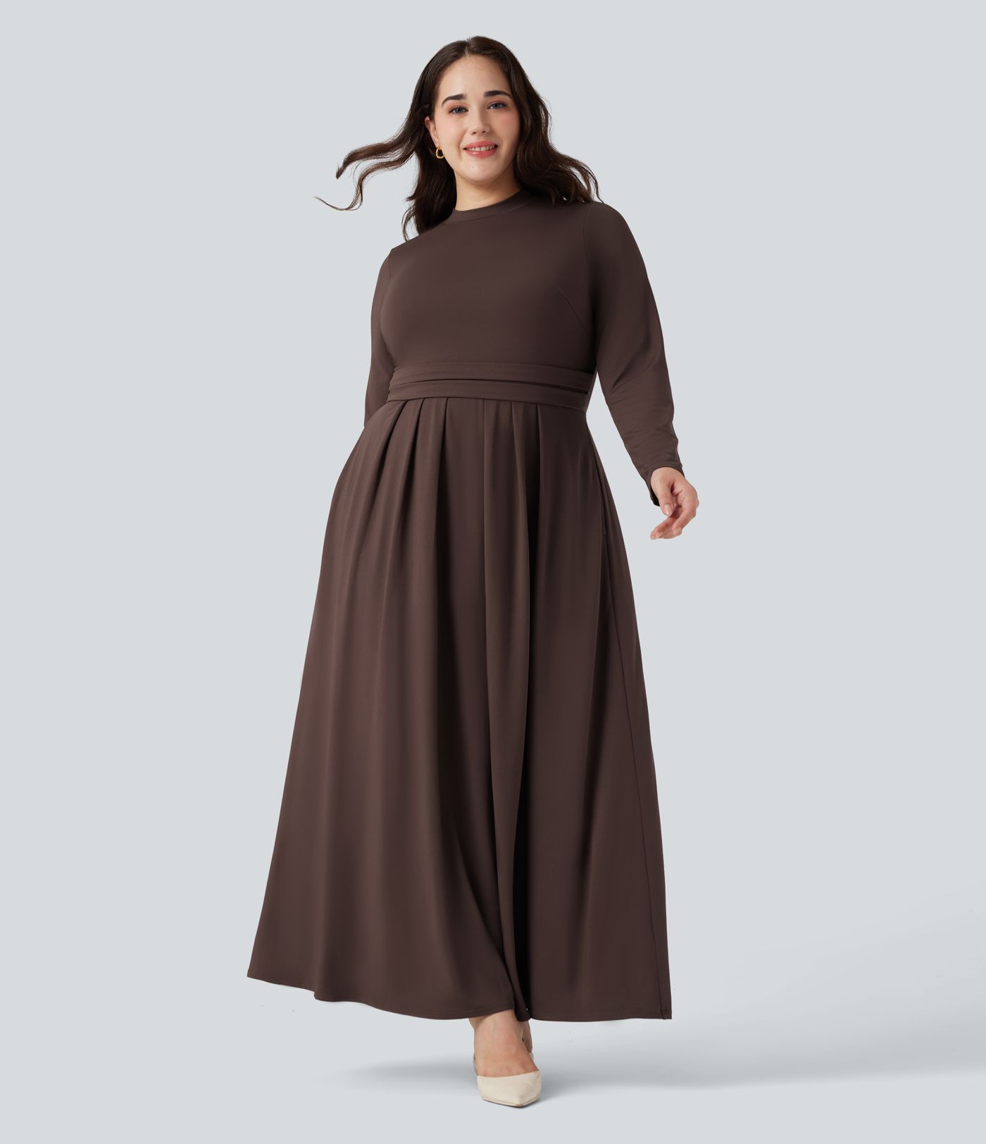 Mock-neck langærmet flæse maxi kjole i afslappet plus-size med lommer