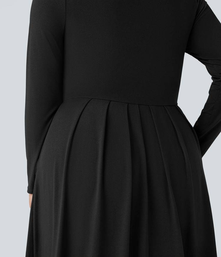 Mock-neck Long Sleeve Flare Maxi Casual Plus Size Dress with Pockets