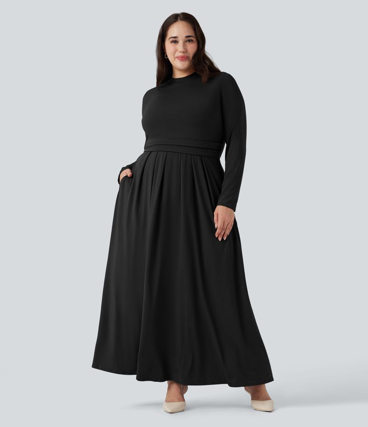 Mock-neck Long Sleeve Flare Maxi Casual Plus Size Dress with Pockets
