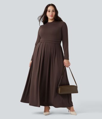 Mock-neck langærmet flæse maxi kjole i afslappet plus-size med lommer