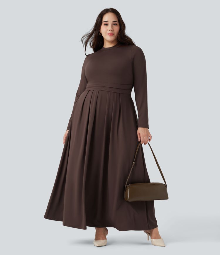 Mock-neck langærmet flæse maxi kjole i afslappet plus-size med lommer