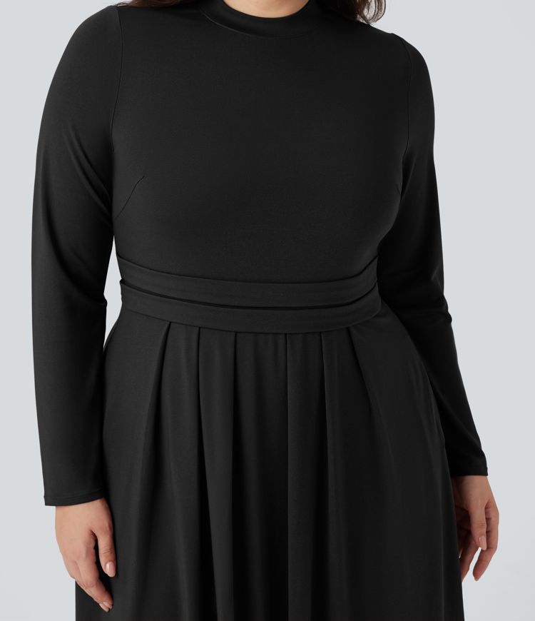 Mock-neck Long Sleeve Flare Maxi Casual Plus Size Dress with Pockets