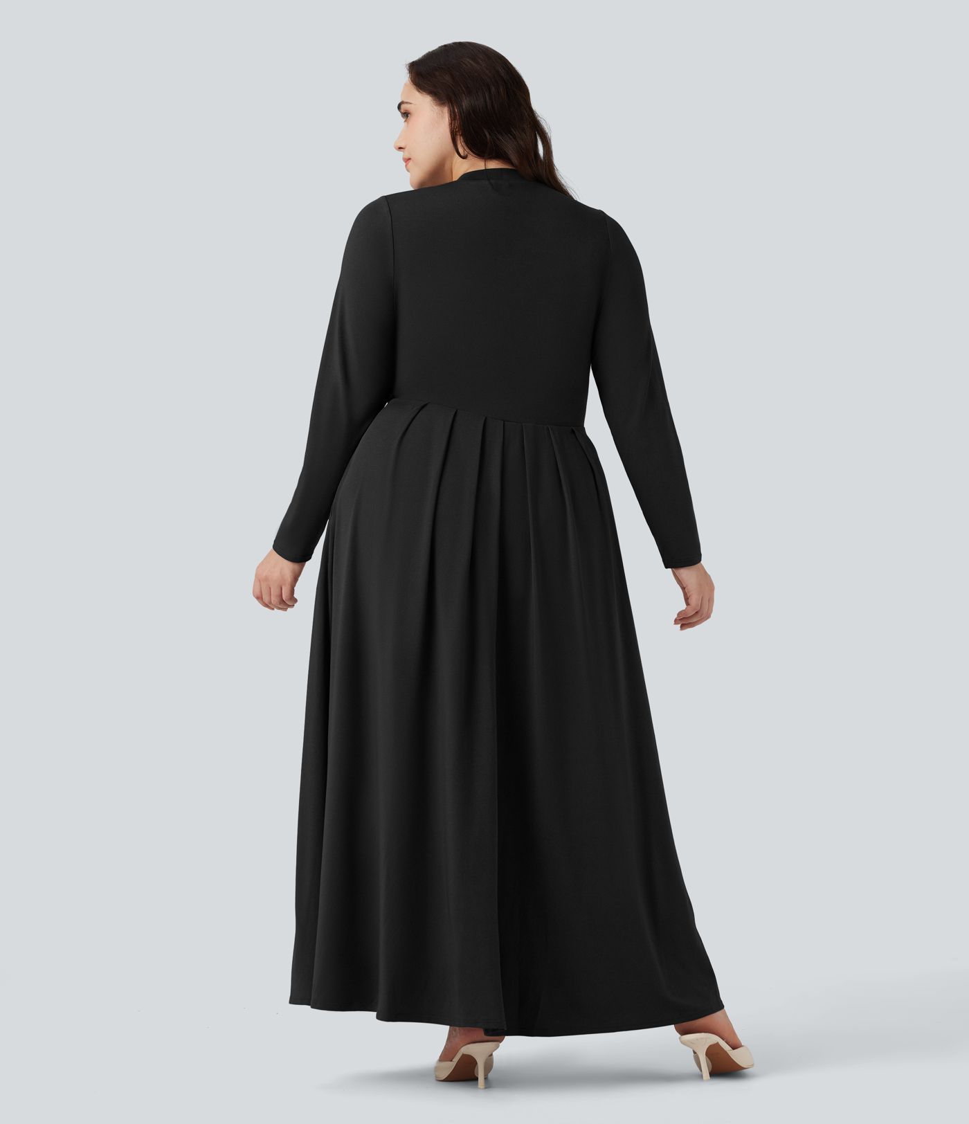 Augstas apkakles, garas piedurknes, plata maksas ikdienas kleita ar kabatām plus izmērā