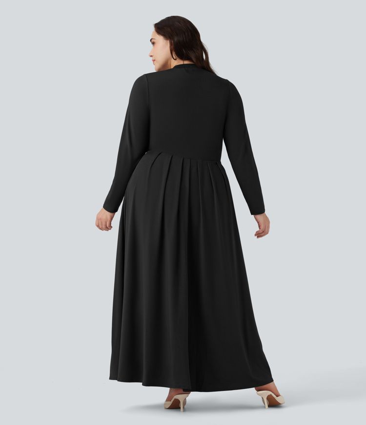 Mock-neck Long Sleeve Flare Maxi Casual Plus Size Dress with Pockets