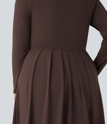 Mock-neck langærmet flæse maxi kjole i afslappet plus-size med lommer