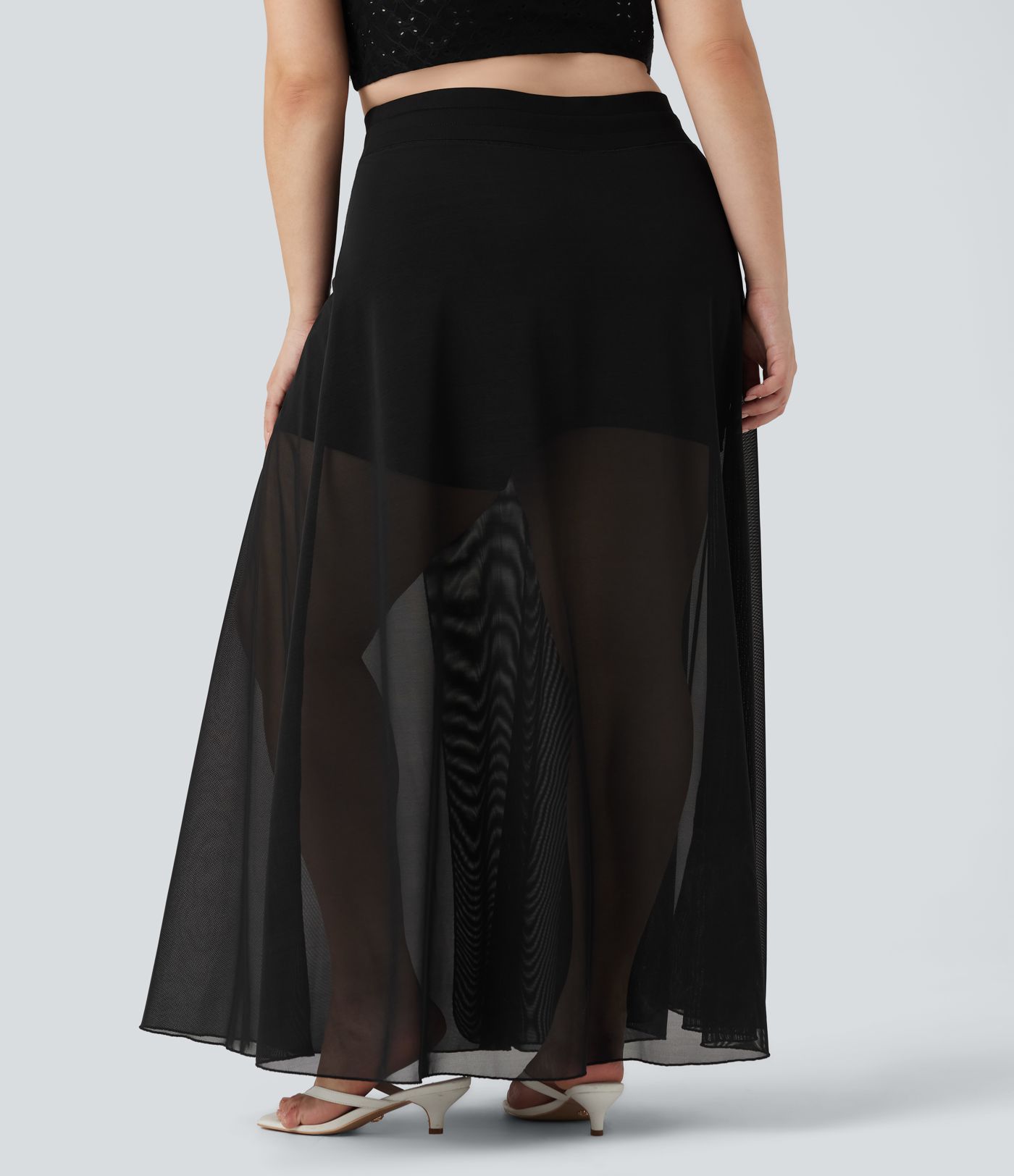 Plus Size High Waisted Drawstring Contrast Mesh 2-in-1 Flowy Maxi Skirt with Pockets