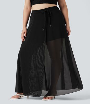 Plus Size High Waisted Drawstring Contrast Mesh 2-in-1 Flowy Maxi Skirt with Pockets