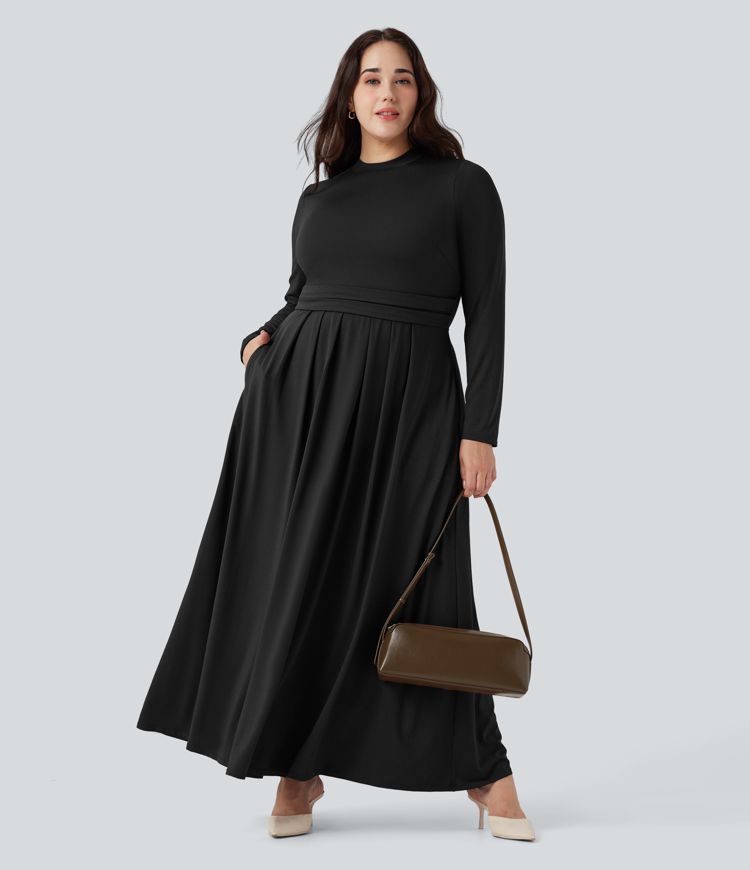 Mock-neck Long Sleeve Flare Maxi Casual Plus Size Dress with Pockets