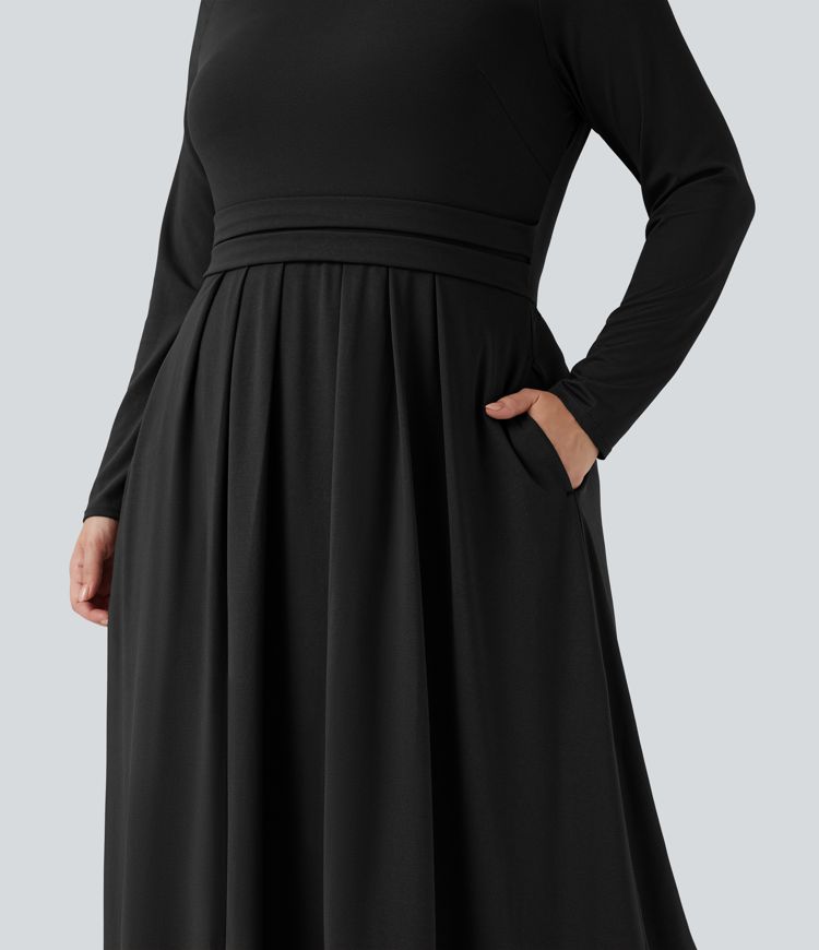 Mock-neck Long Sleeve Flare Maxi Casual Plus Size Dress with Pockets