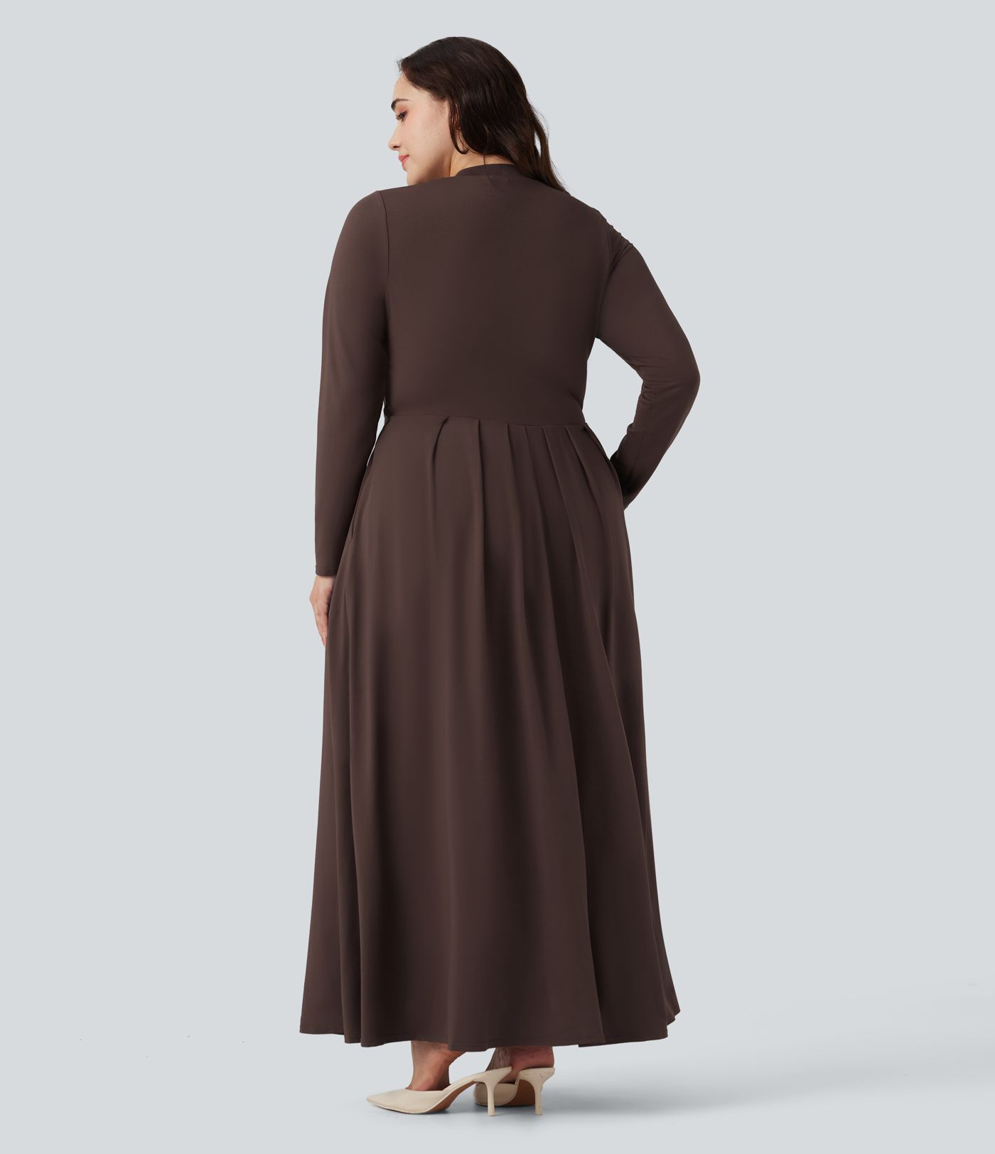 Mock-neck langærmet flæse maxi kjole i afslappet plus-size med lommer