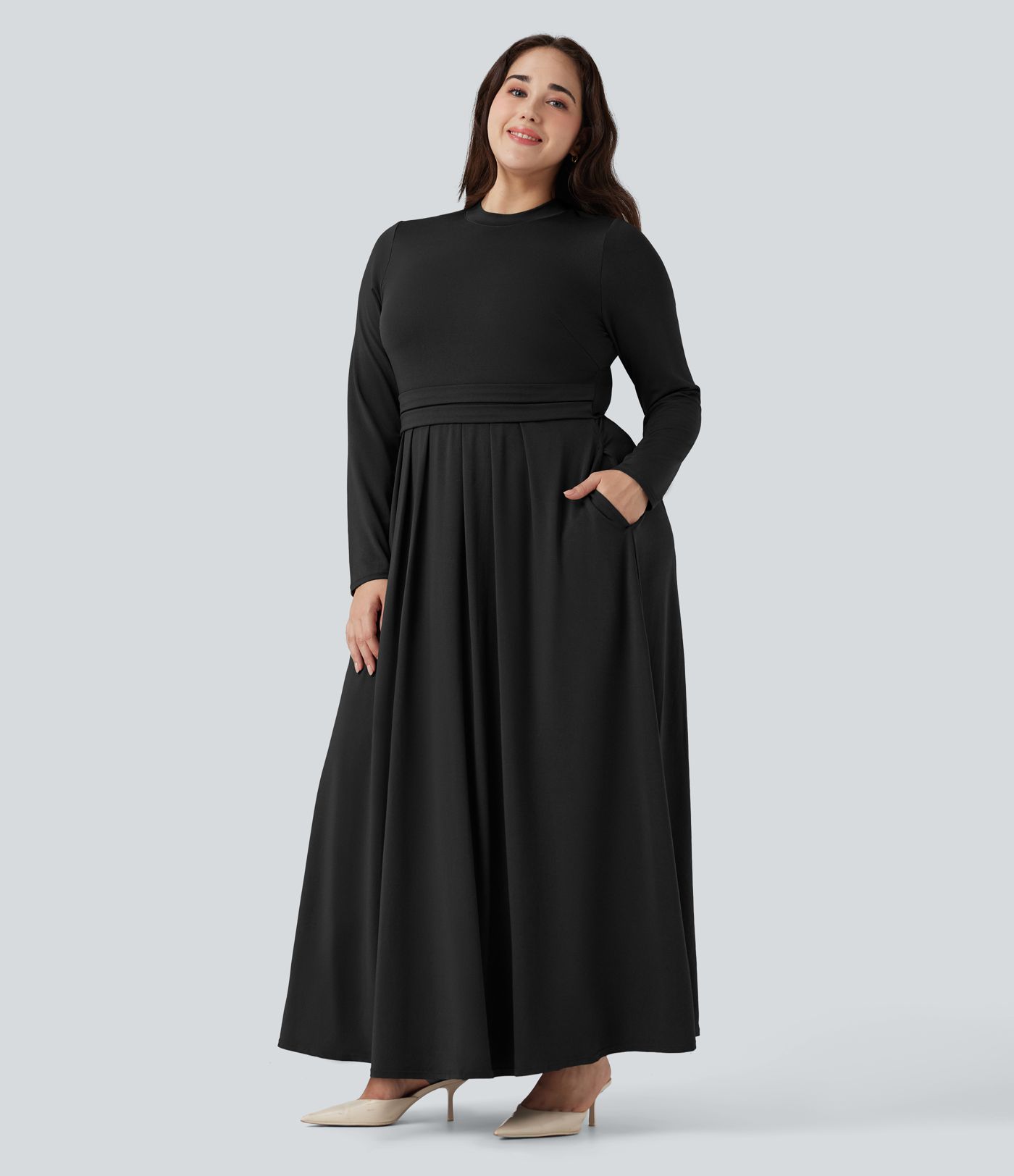 Augstas apkakles, garas piedurknes, plata maksas ikdienas kleita ar kabatām plus izmērā