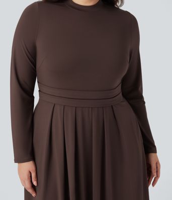 Mock-neck langærmet flæse maxi kjole i afslappet plus-size med lommer