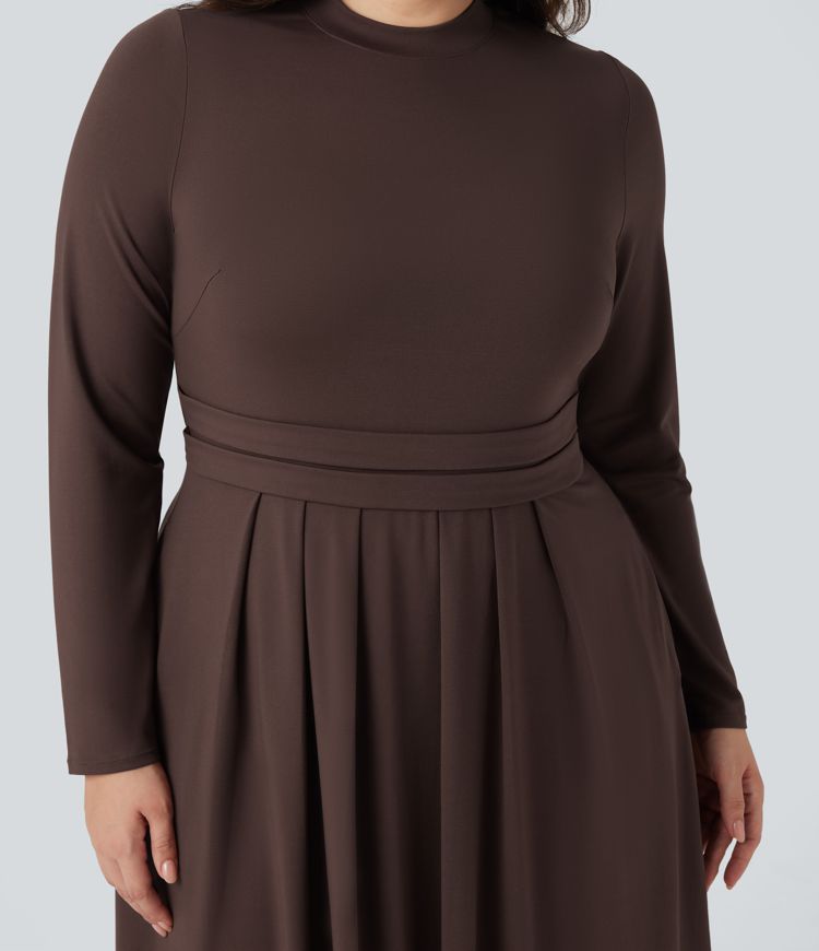 Mock-neck langærmet flæse maxi kjole i afslappet plus-size med lommer