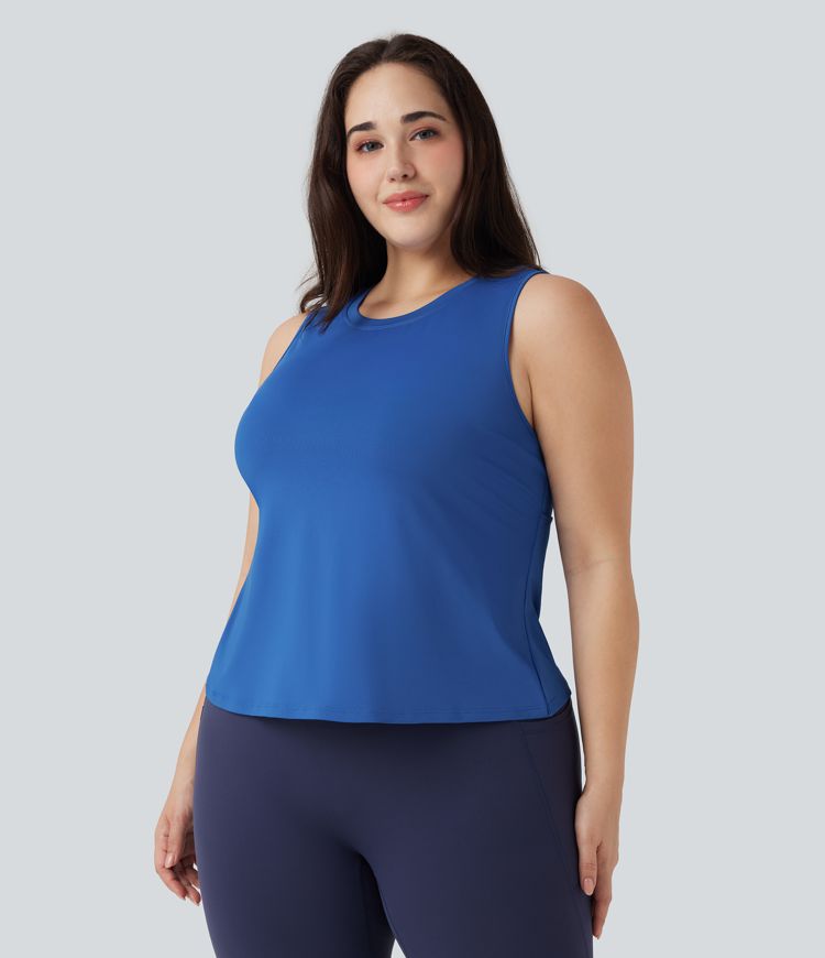 Cut Out Crossover Hem Solid Yoga Plus Size Tank Top