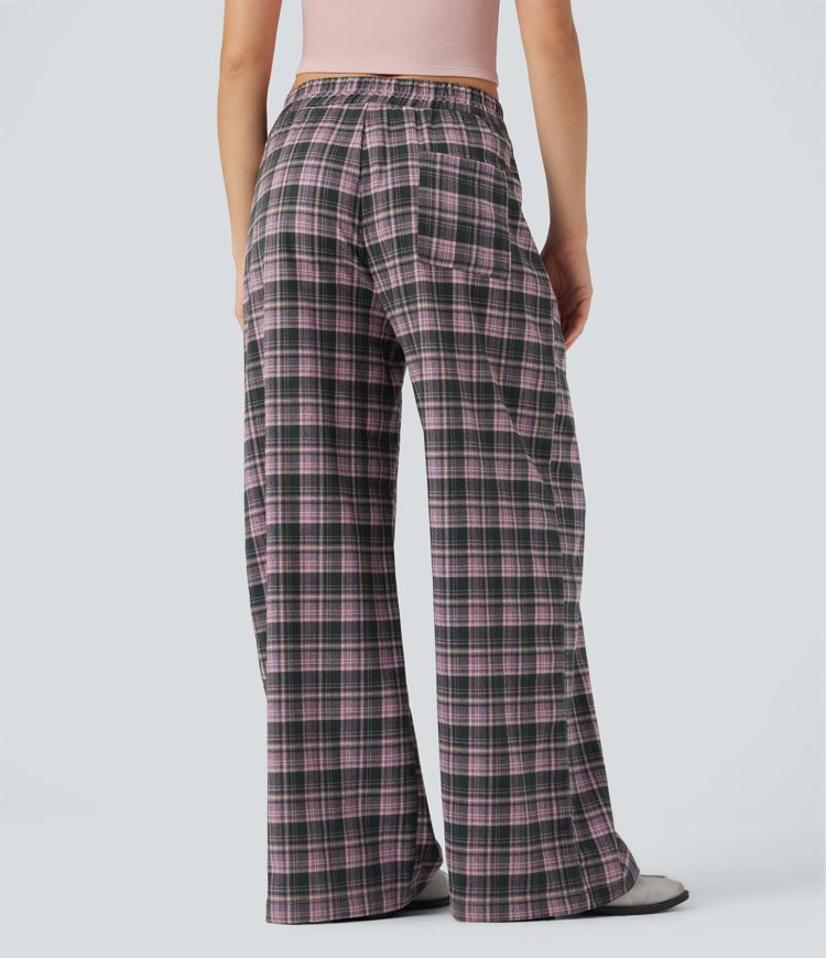 High Waisted Plaid Wide Leg Casual Pants with Pockets
