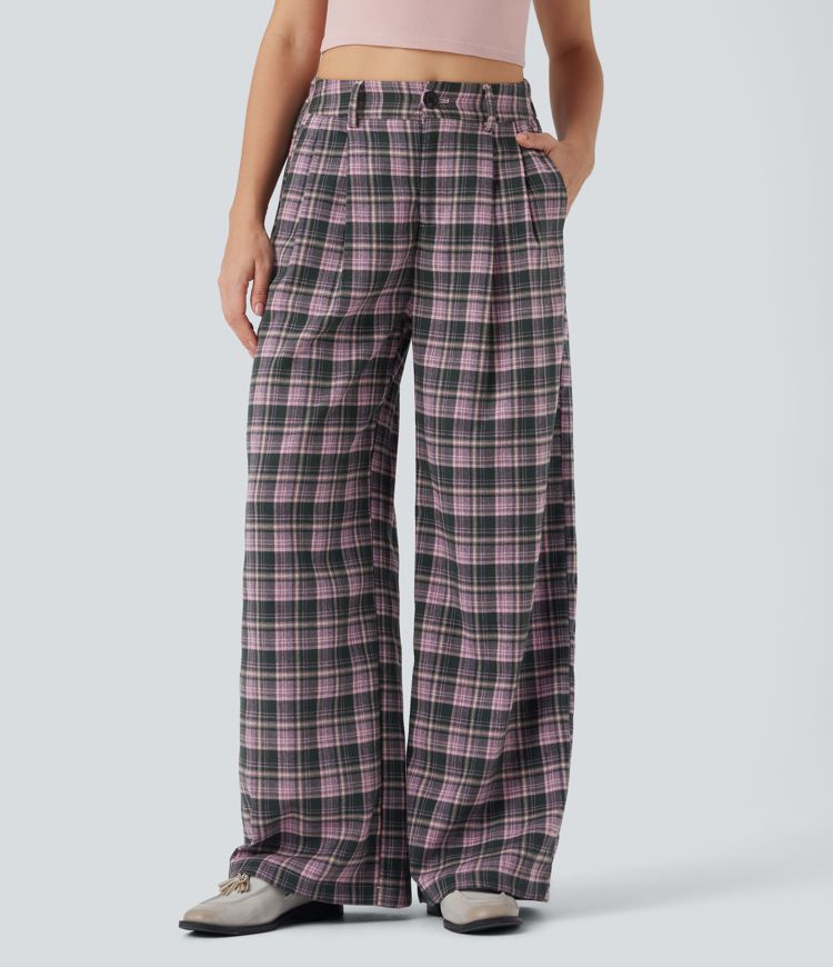 High Waisted Plaid Wide Leg Casual Pants with Pockets