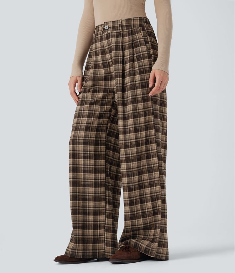 High Waisted Plaid Wide Leg Casual Pants with Pockets