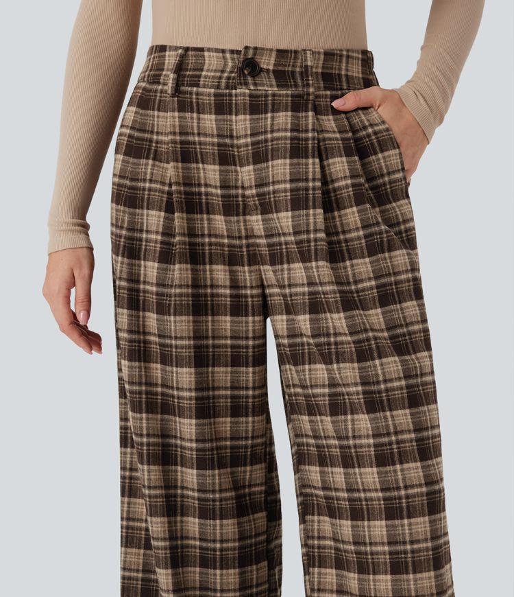 High Waisted Plaid Wide Leg Casual Pants with Pockets